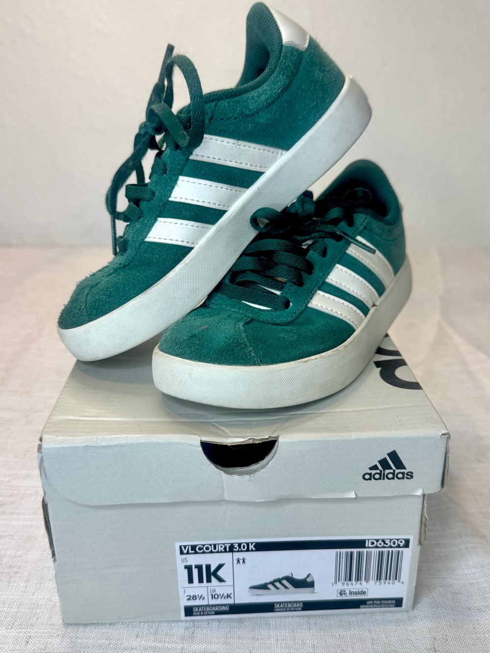 adidas Kids Green Suede Sneakers with White Stripes